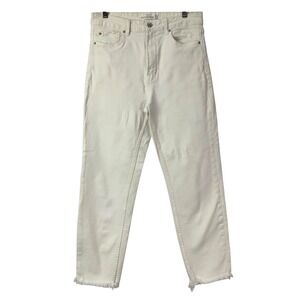 Stradivarius Mom Slim Fit Jeans Cream White Raw Hem Size 42 USA 10 Denim